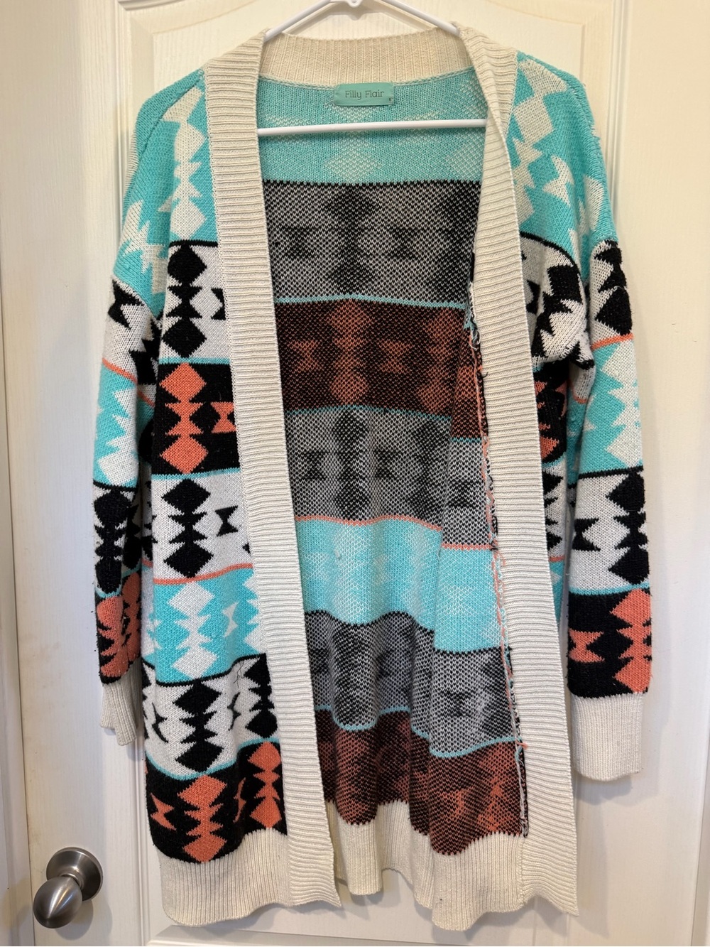 Filly Flair Aztec Cardigan Turquoise Coral Black Cream Open Front Boho